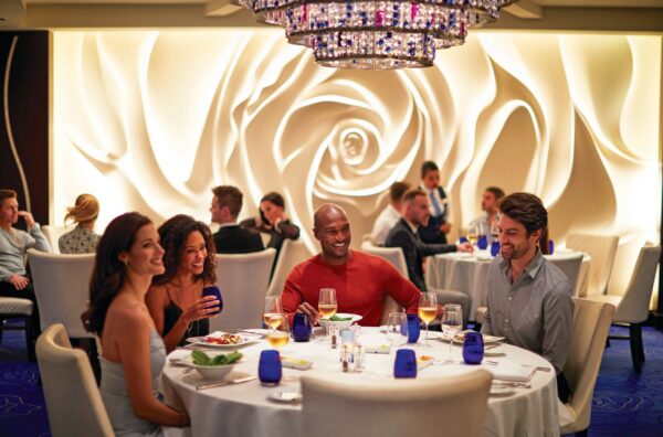 Celebrity Cruises Reflection 2018, Blu, dining, specialty dining, restaurant, Aqua Class restaurant, couples, african american, friends, dinner