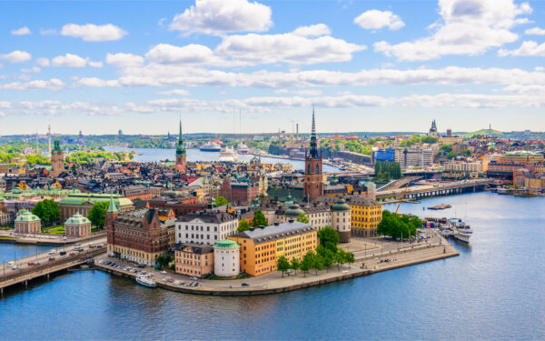 Aerial panorama from height of bird's flight on observation deck on tower City Hall to Gamla Stan (Old Town), Stockholm, Sweden - 