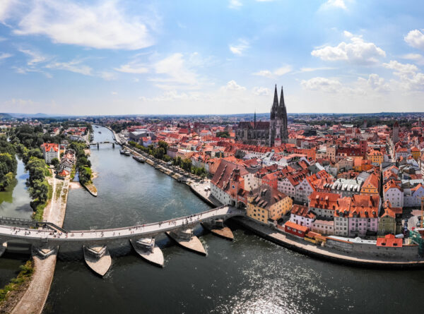Aerial view of Regensburg city, Germany. Danube river, architecture, Regensburg Cathedral and Stone Bridge2